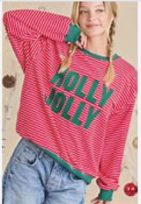 Holly Jolly Red Stripe Sweatshirt Holiday Pullover