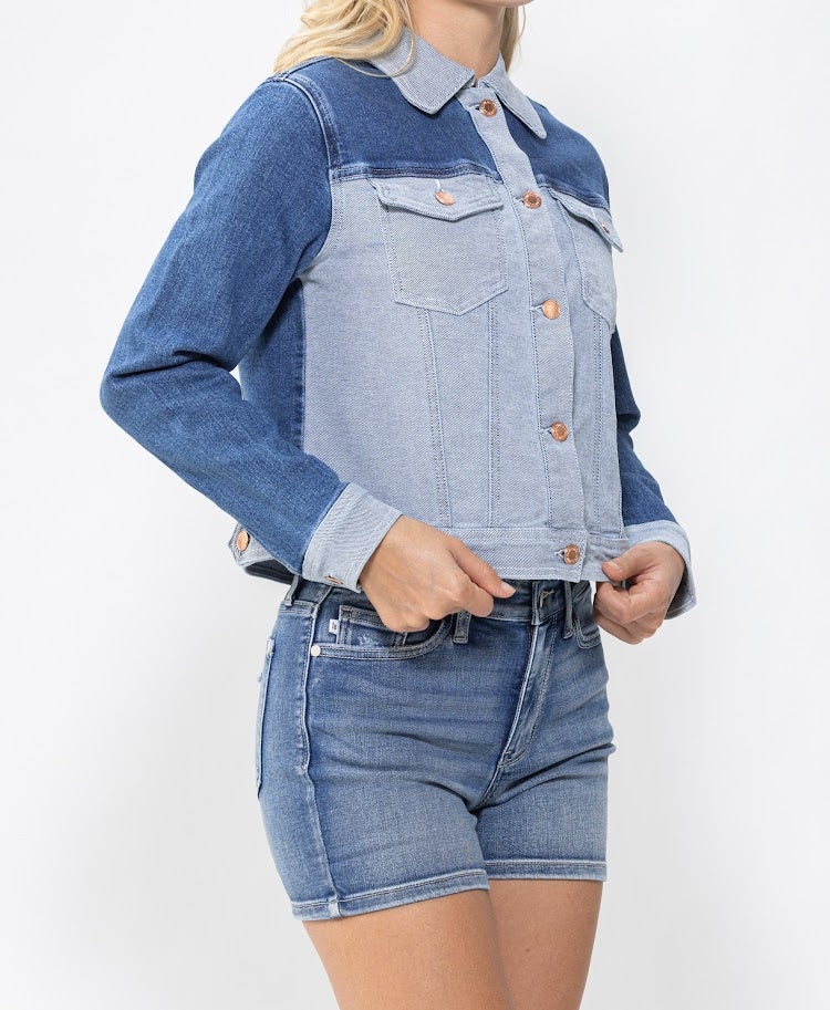 Color Block Boxy Denim Jacket Style 7821