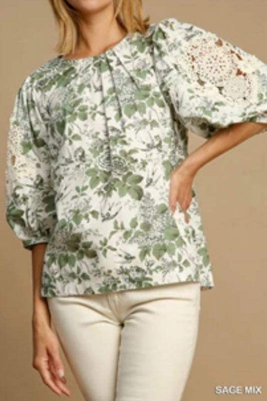 Round Neck Top with Floral Laced Sleeve