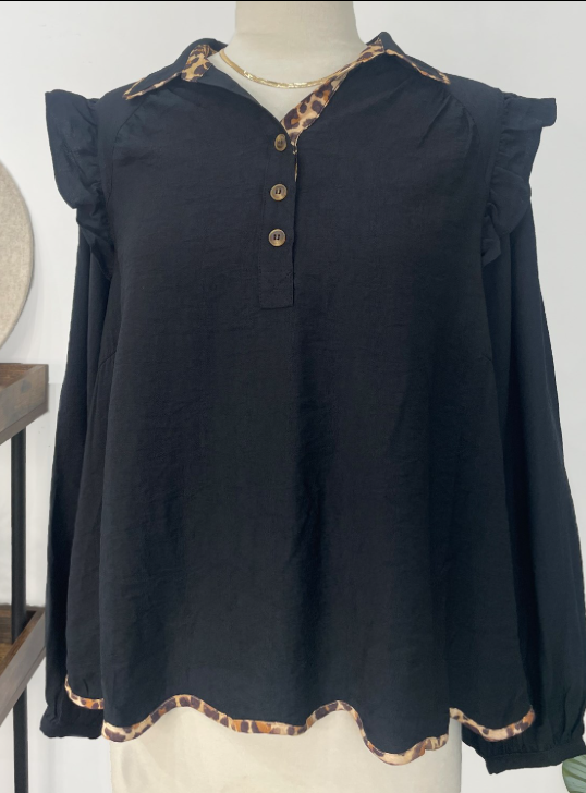 Ruffle Shoulder Button Blouse with Leopard Trim