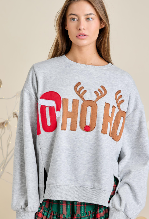 Ho Ho Ho Grey Holiday Sweatshirt Patchwork Fleece