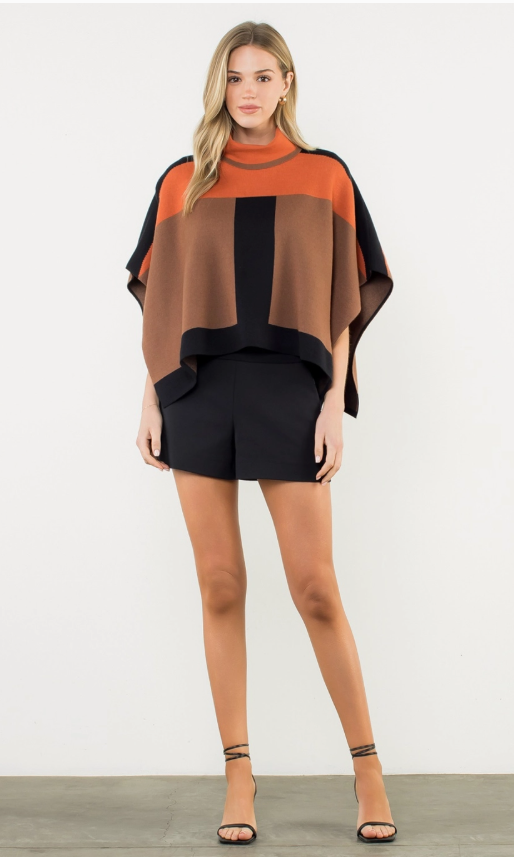 Colorblock Turtleneck Knit Poncho