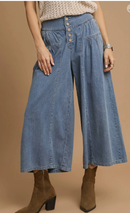 UMGEE Stone Washed Wide-Leg Button-Front Culottes