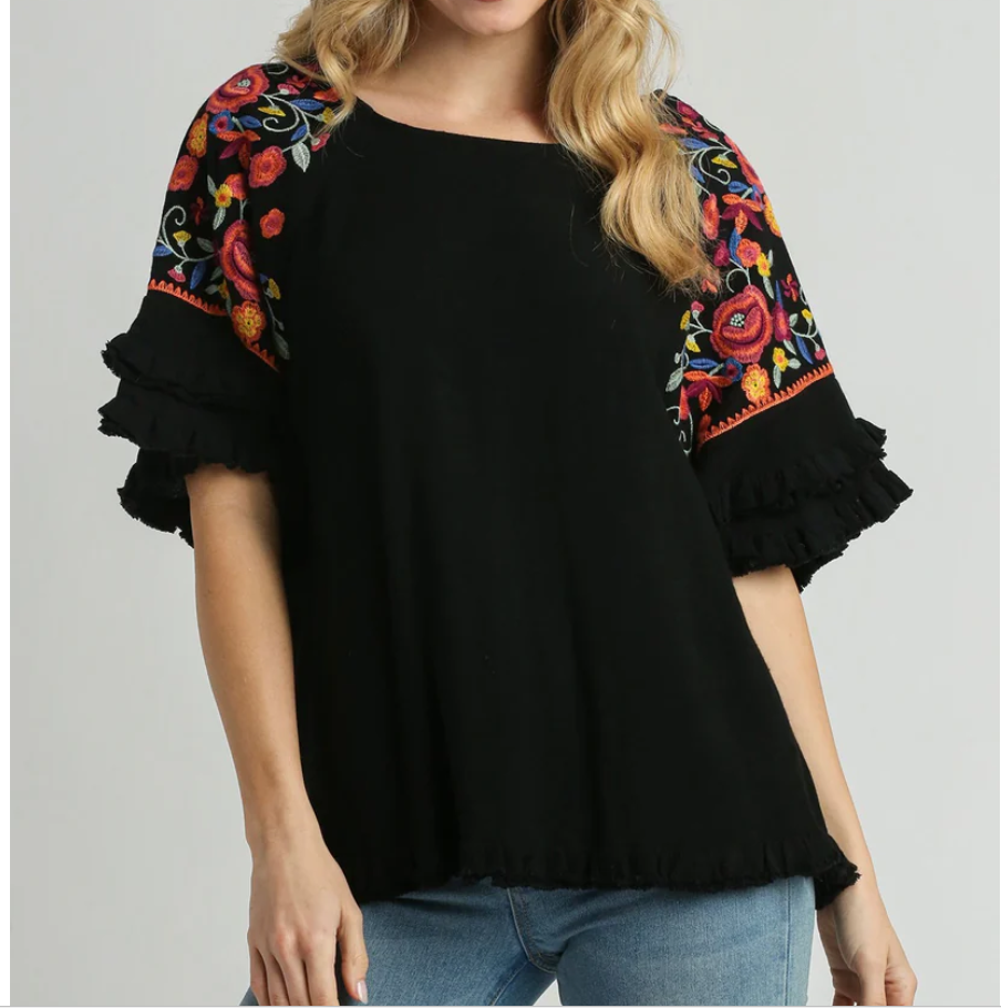 Embroidery Round Neck Top with Unfinished Frayed Hem