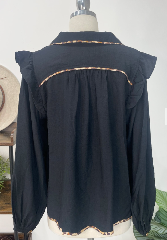 Ruffle Shoulder Button Blouse with Leopard Trim