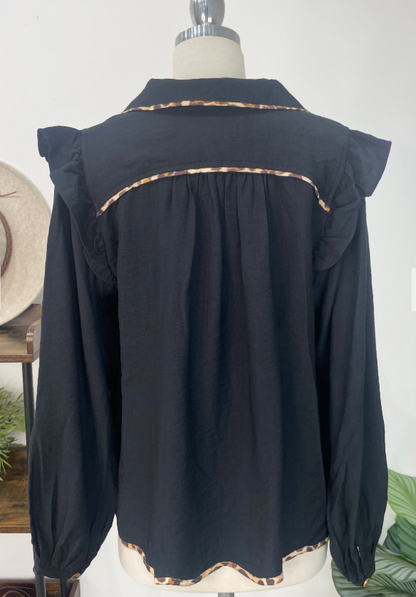 Ruffle Shoulder Button Blouse with Leopard Trim