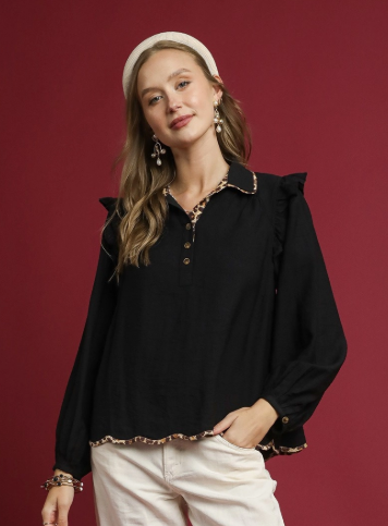 Ruffle Shoulder Button Blouse with Leopard Trim
