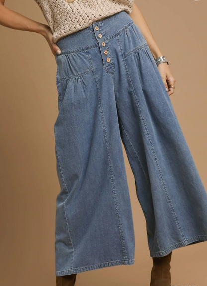 UMGEE Stone Washed Wide-Leg Button-Front Culottes