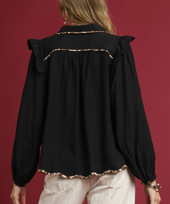 Ruffle Shoulder Button Blouse with Leopard Trim